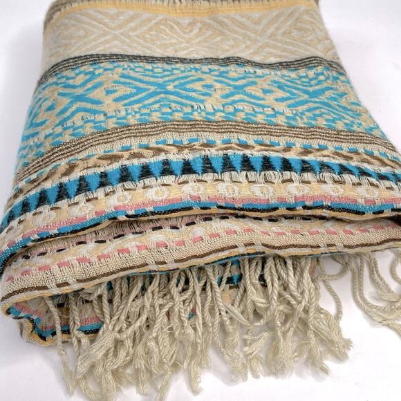 Bohemian Wrap Scarf Woven Striped Fringed Aztec Geometric Beige Blue Pink - Picture 8 of 14